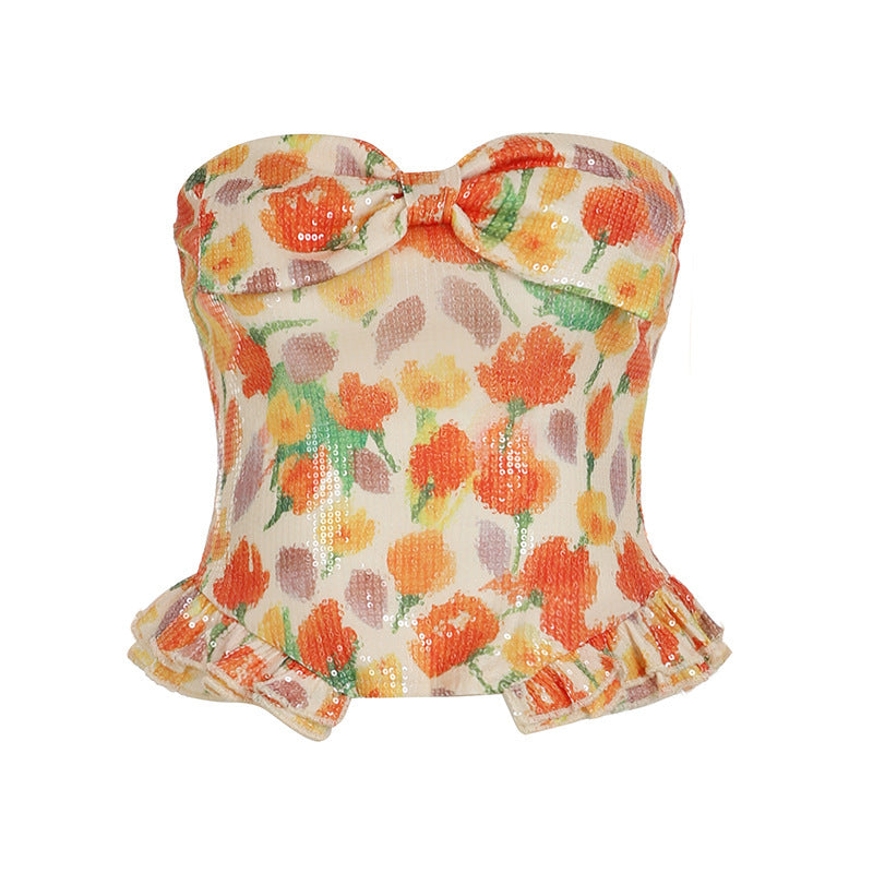 Dame Bustier-Topp med blomstret glitrendesign og volangkant Skjora