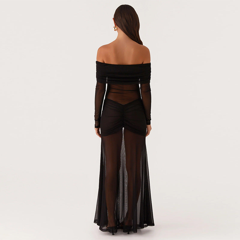 Damer gjennomsiktig maxikjole med off-shoulder design og volanger Skjora