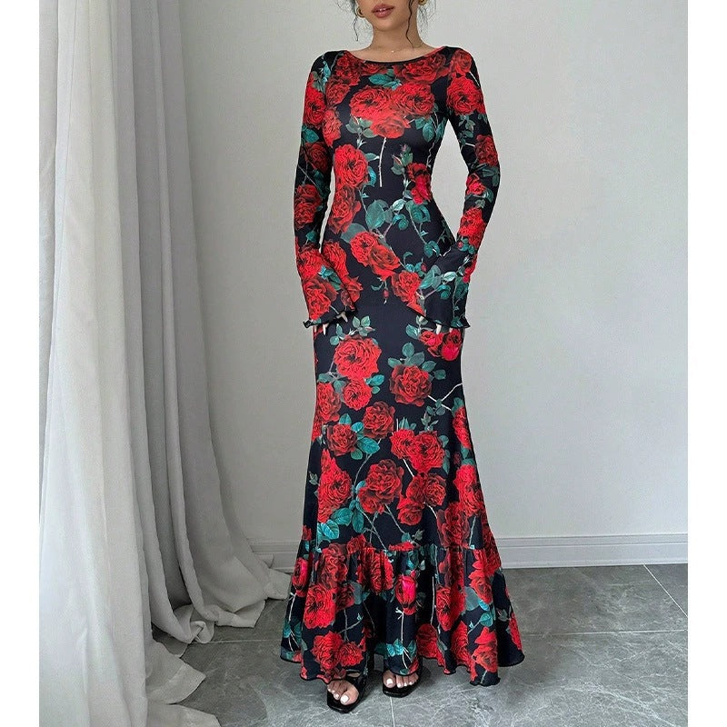 Kvinnene Elegant Maxi Kjole med Blomster Rysjedetaljer og Lange Ermer Skjora