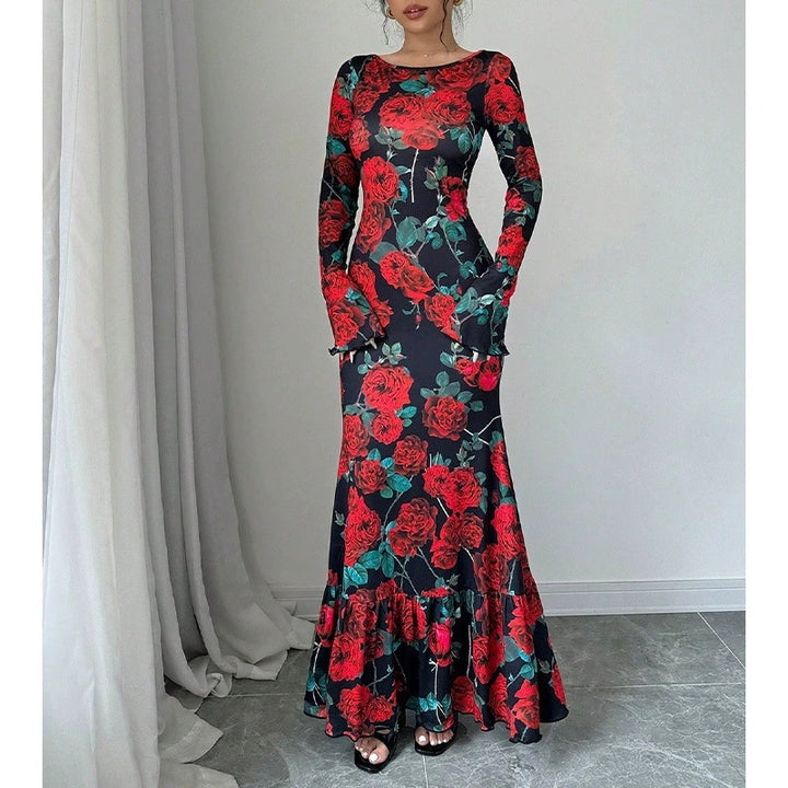 Kvinnene Elegant Maxi Kjole med Blomster Rysjedetaljer og Lange Ermer Skjora