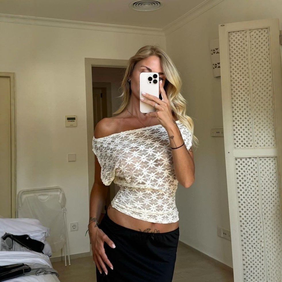 Dame Off-Shoulder Blonde Topp med blomsterdesign Skjora