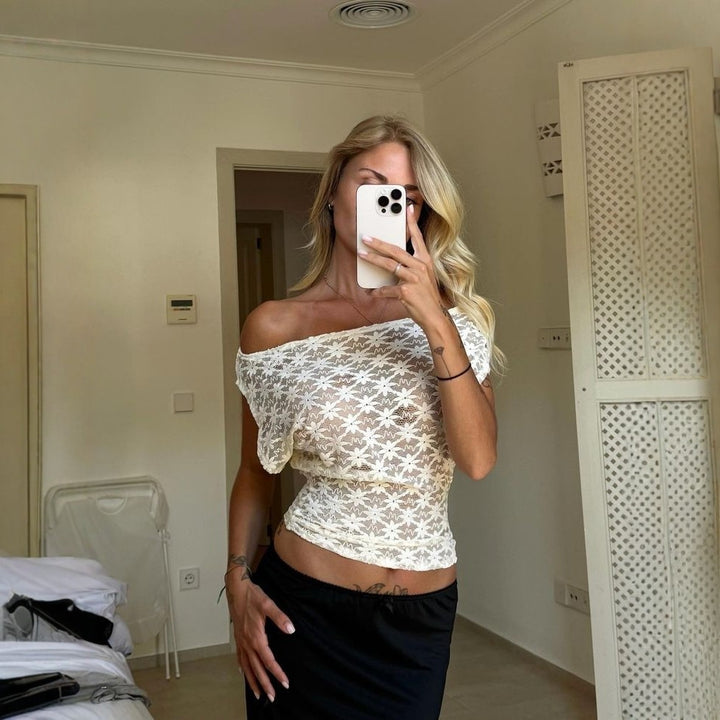 Dame Off-Shoulder Blonde Topp med blomsterdesign Skjora