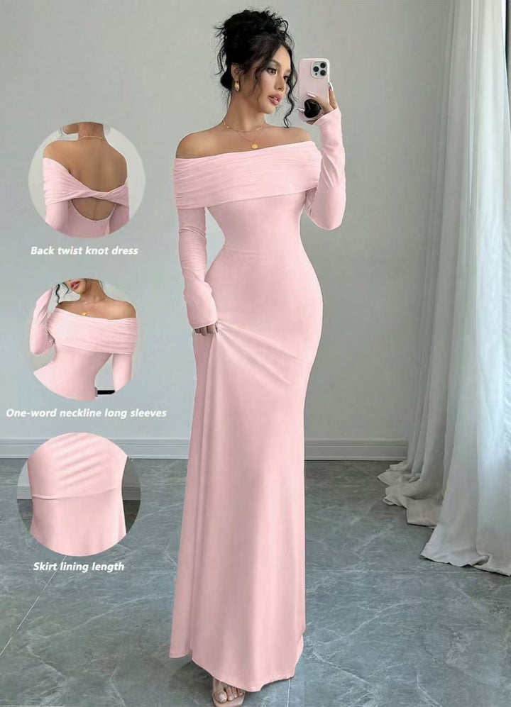 Dame Elegante Off-Shoulder Maksikjole med figurnær passform og lange ermer Skjora