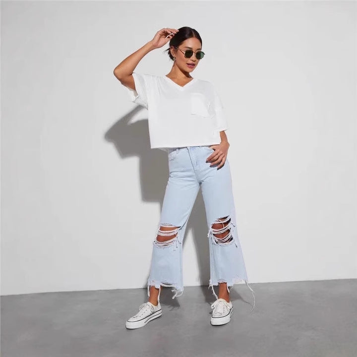 Dame casual boyfriend jeans med iøynefallende ødelagte detaljer og bred ben Skjora