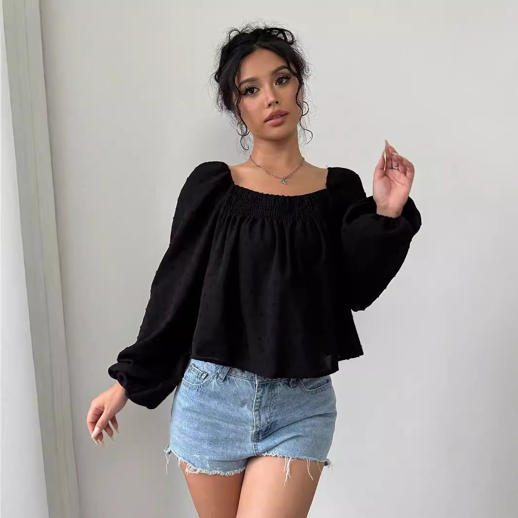 Damen elegant Bluse med luftige puffarmer og strukturert overflate Skjora