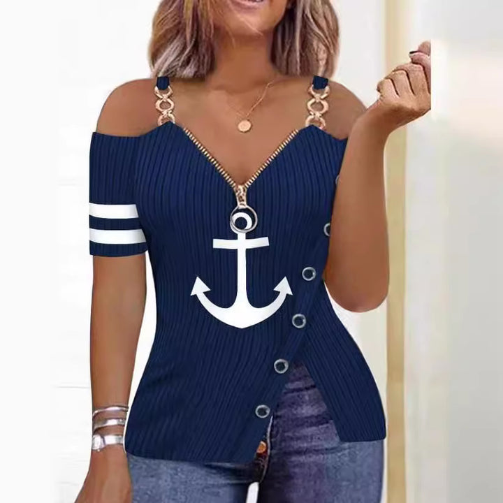Dame Off-Shoulder topp med maritimt motiv og dekorative knapper Skjora
