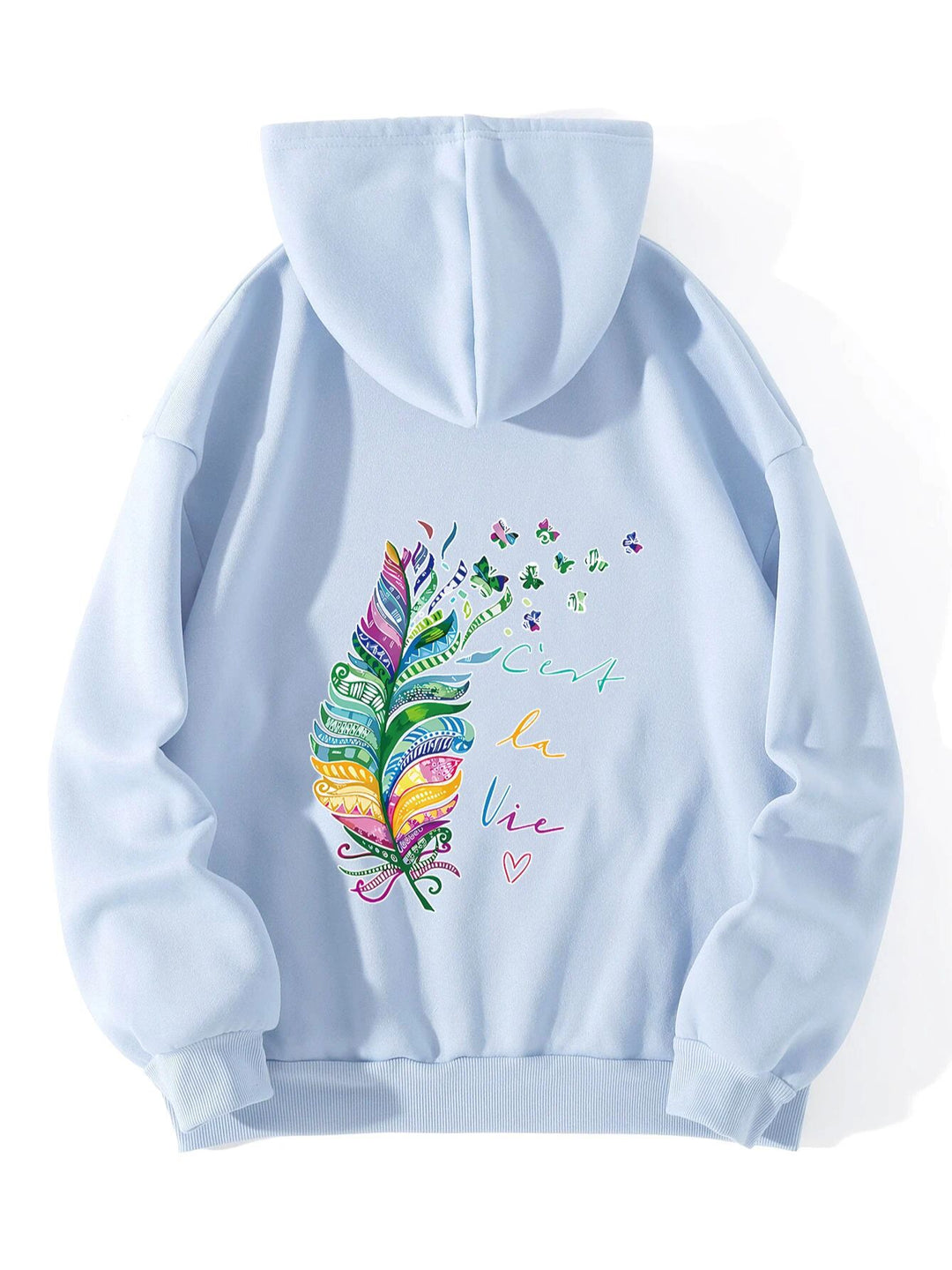 Dame avslappet hettegenser med fargerikt fjærdesign og inspirerende tekst Skjora