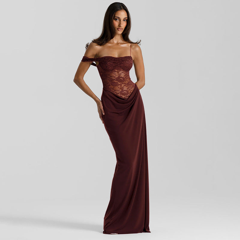 Dame Off-Shoulder Aftenkjole med raffinert spissapplikasjoner og flytende materiale Skjora