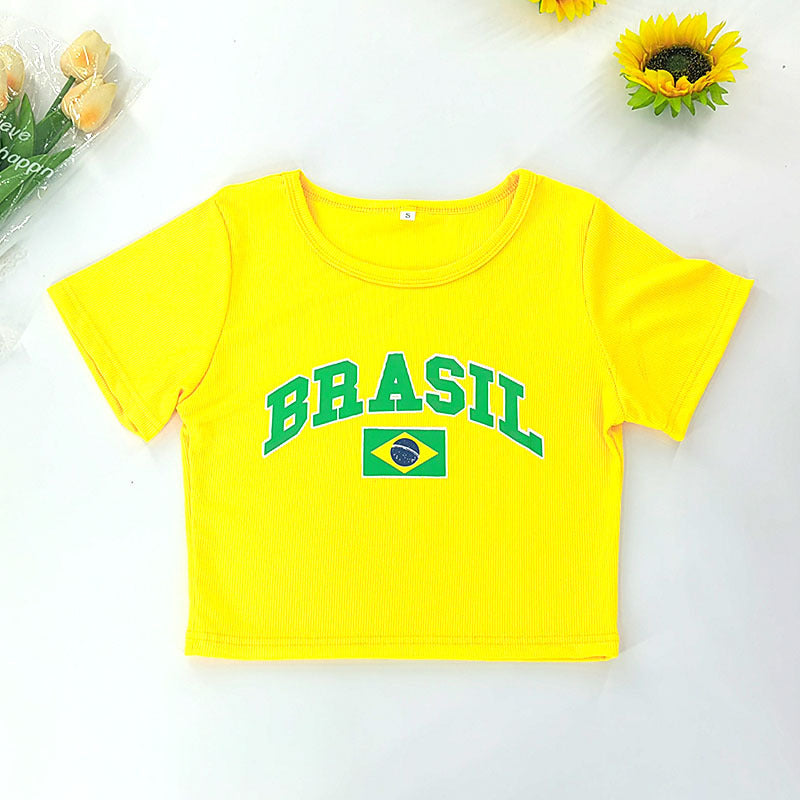 Dame avslappet croppet T-skjorte med brasiliansk print Skjora