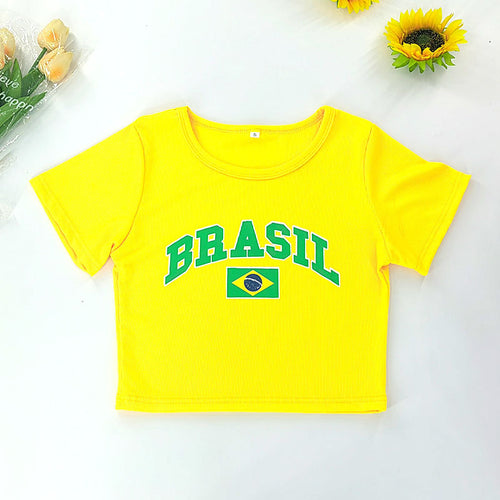 Dame avslappet croppet T-skjorte med brasiliansk print Skjora