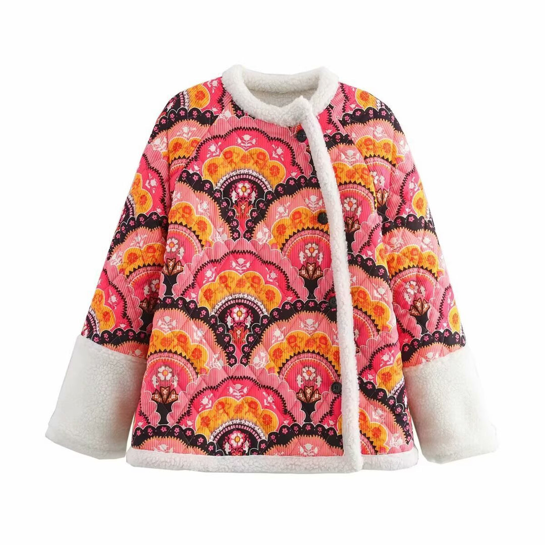 Dame mønstretjakke med myk teddyforing og romantisk design Skjora