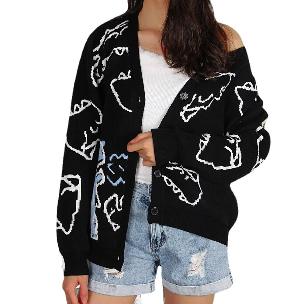Kvinnens mønstrede cardigan med morsomt dinosaurmotiv Skjora