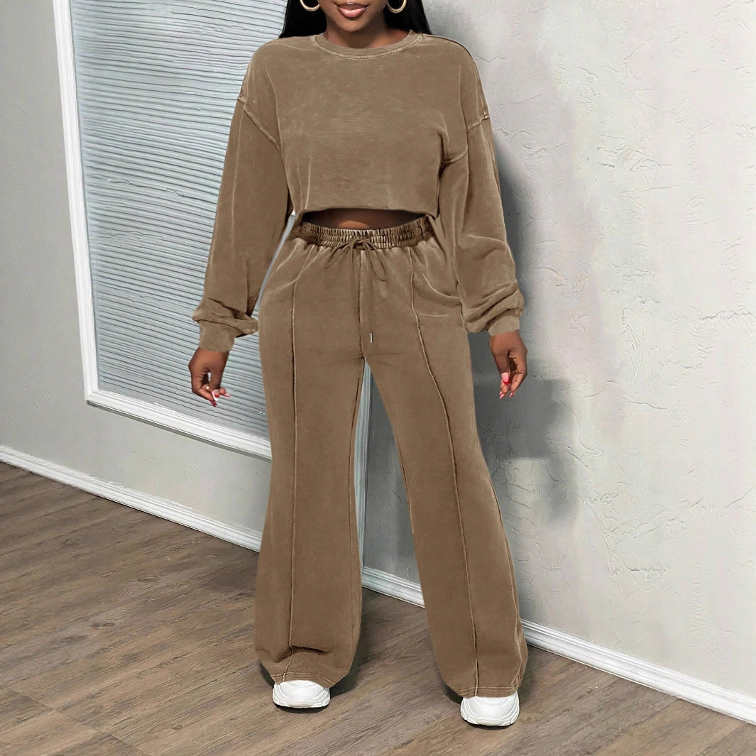 Kvinne kuttet loungewear-sett med vide bukser og høy midje Skjora