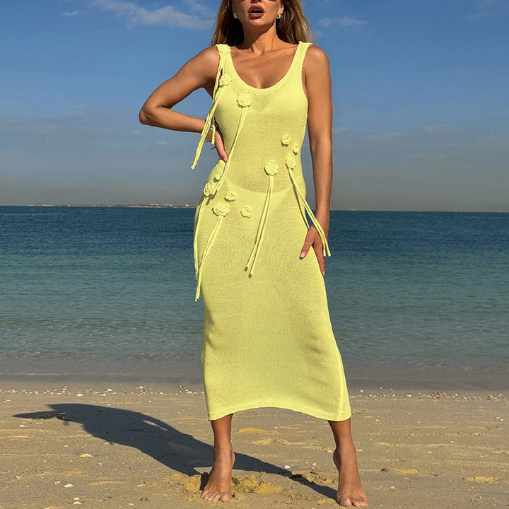 Damen Elegantes Strickkleid mit Blumenapplikationen und seitlichem Bindegürtel Skjora