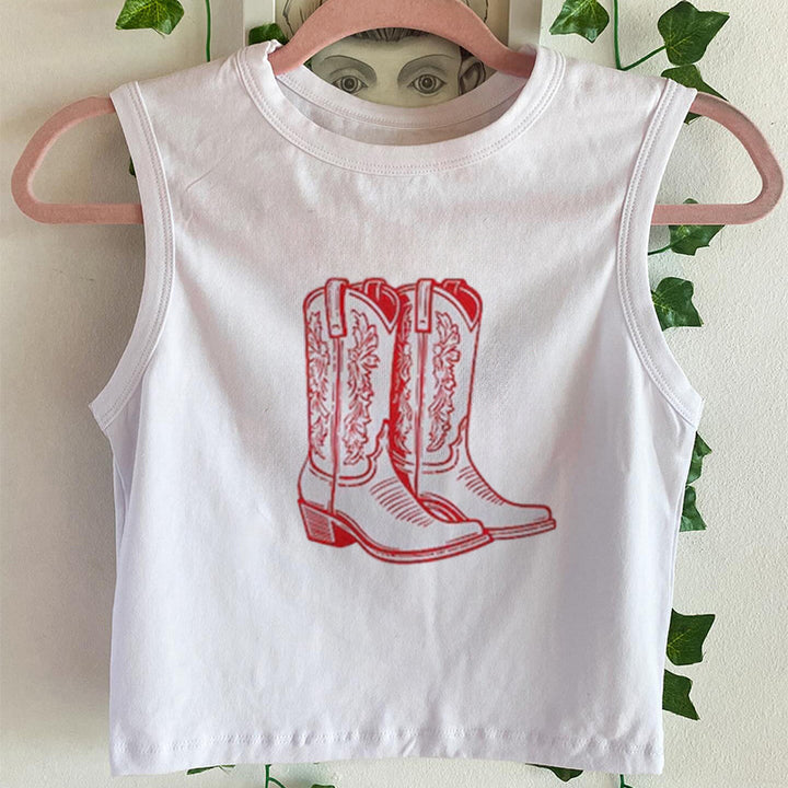 Dame ermeløs skjorte med nostalgisk cowboy-støvel-design Skjora