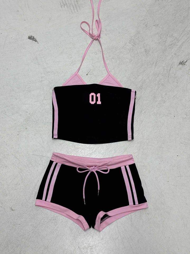Damer sporty Crop-Top og Shorts Sett med dekorativt bånd Skjora