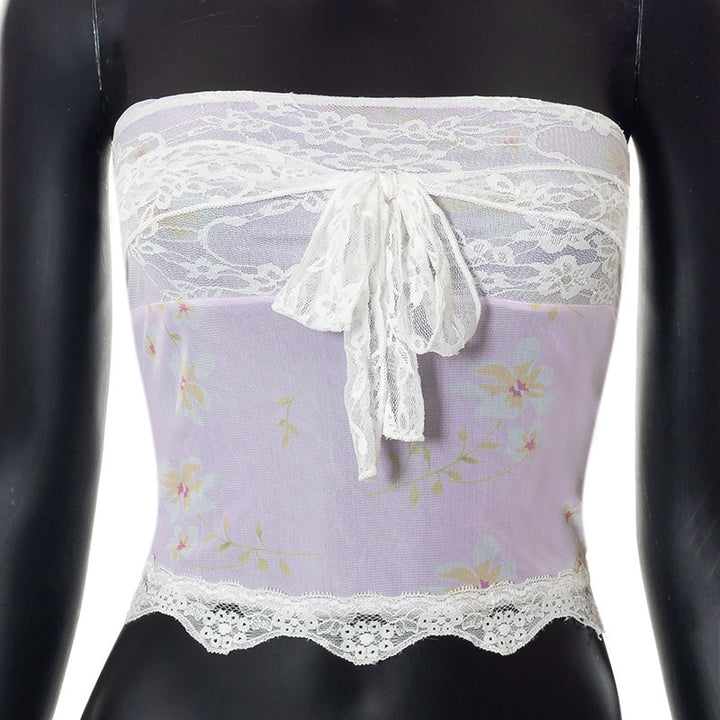 Dame Bandeau-top med blomsterdetaljer og spiss avslutning Skjora