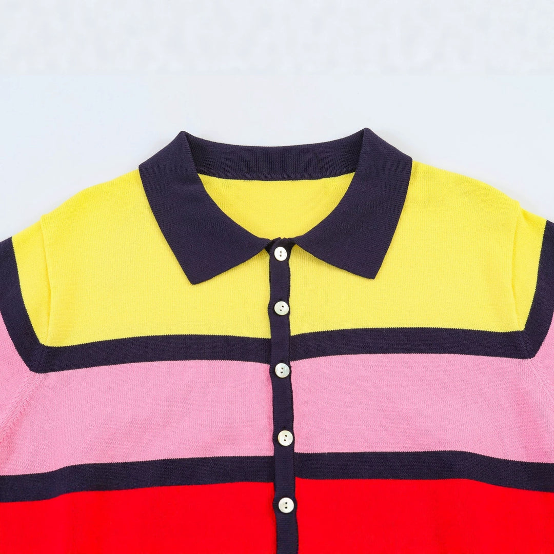 Women's Short-Sleeve Polo Shirt with Colorful Stripe Pattern Skjora