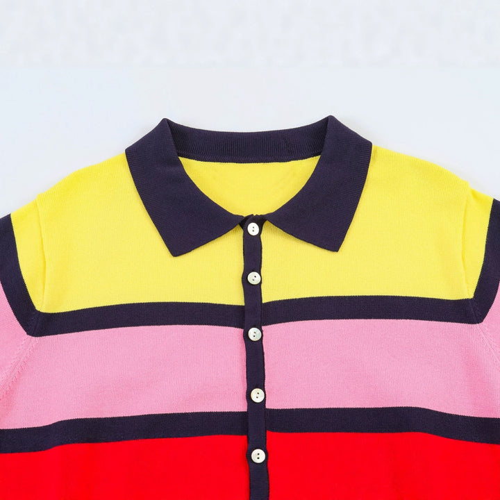 Women's Short-Sleeve Polo Shirt with Colorful Stripe Pattern Skjora