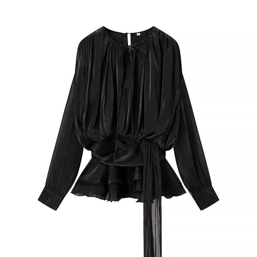 Damer Elegant Bluse med Volanger og Bundet Belte Skjora
