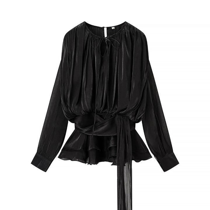 Damer Elegant Bluse med Volanger og Bundet Belte Skjora
