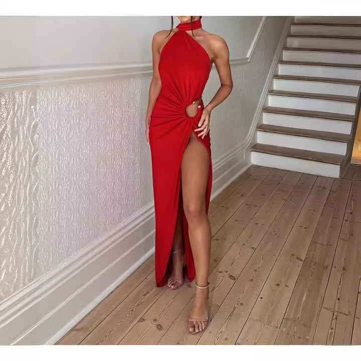 Damer Elegant Maxi Kjole med Spennende Splitt og Forførende Halterneck Skjora