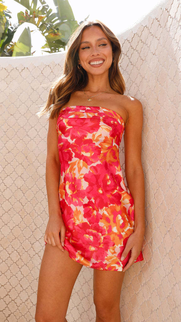 Dame flørtete mini kjole i bandeau stil med blomsterdetaljer og svingende hem
