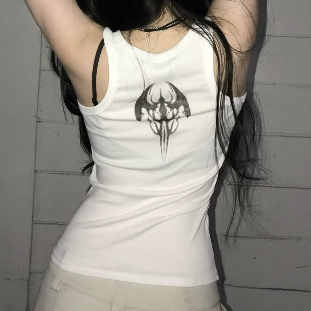Dame Trendy Oversized Tanktop med iøynefallende grafisk trykk og volanger Skjora