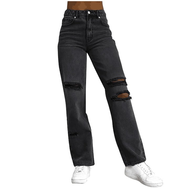 Dame moteriktig Destroyed Jeans i avslappet snitt med høye lommer og unike detaljer Skjora