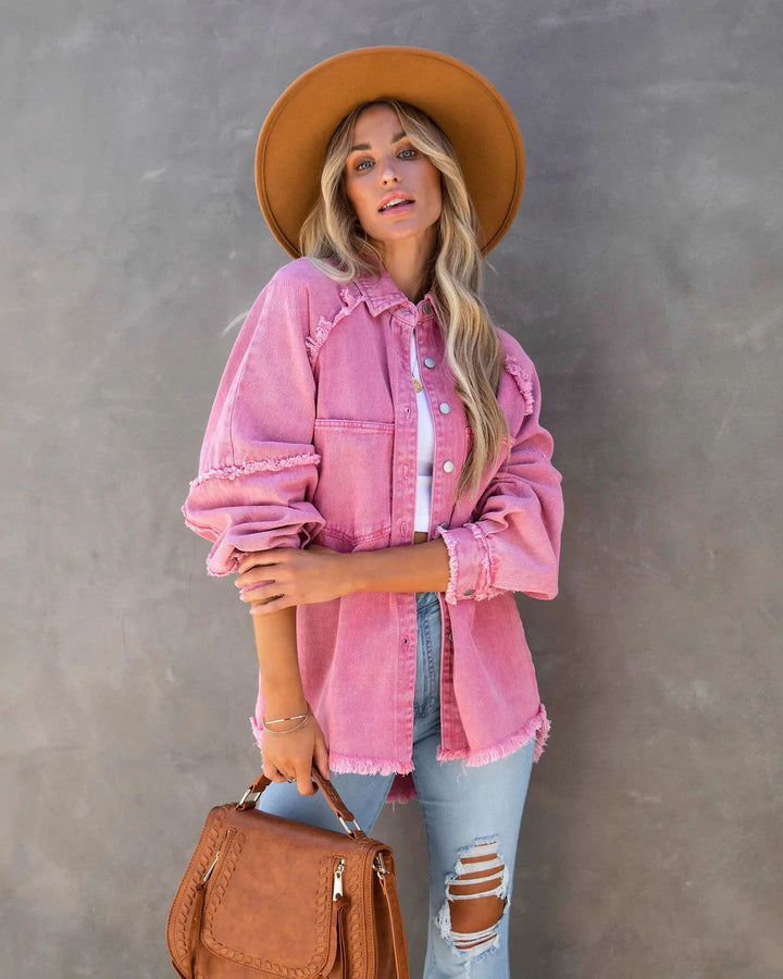 Damer Oversized Denim Skjortejakke med Råkant Detalj Skjora