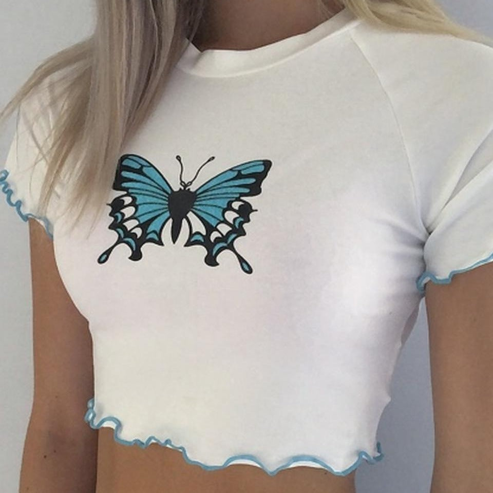 Dame Crop-Top med kreativ sommerfugldesign og bølgete søm Skjora