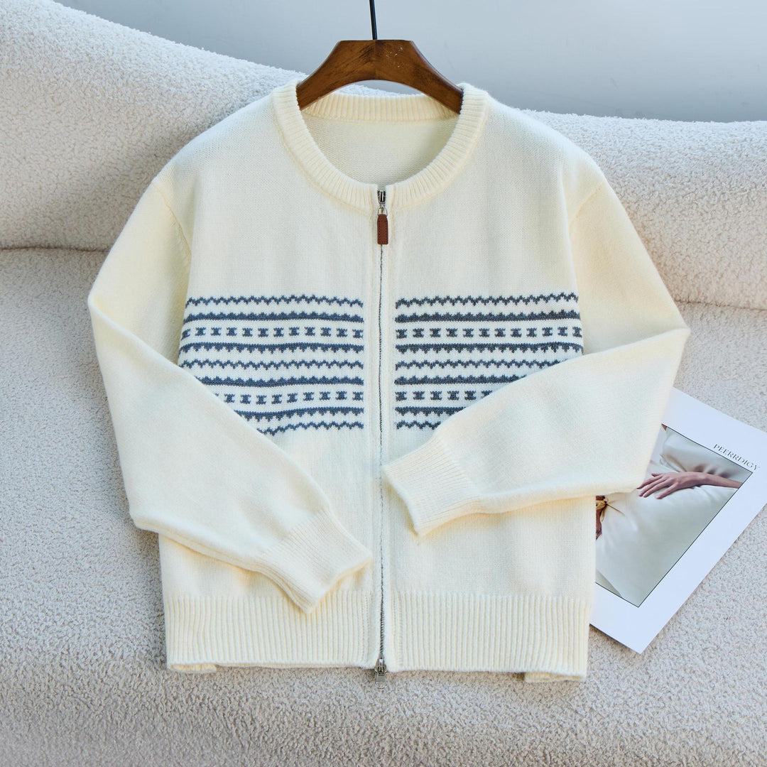 Dame cardigan med elegant glidelås og grafisk mønster Skjora