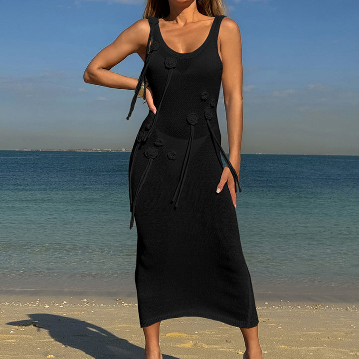 Damen Elegantes Strickkleid mit Blumenapplikationen und seitlichem Bindegürtel Skjora
