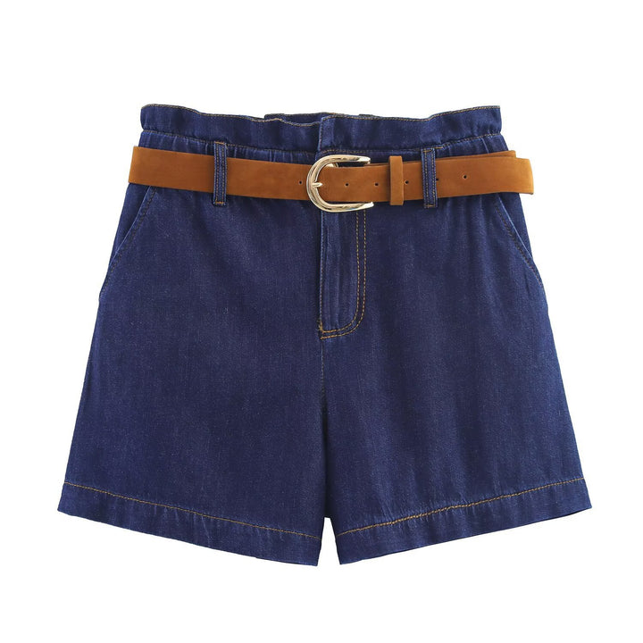 Dame Denim-shorts med høykvalitets lærbelte og elastisk midje Skjora