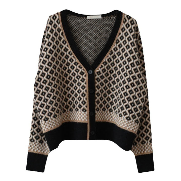 Kvinne elegant cardigan med geometrisk mønster og knappdetaljer Skjora