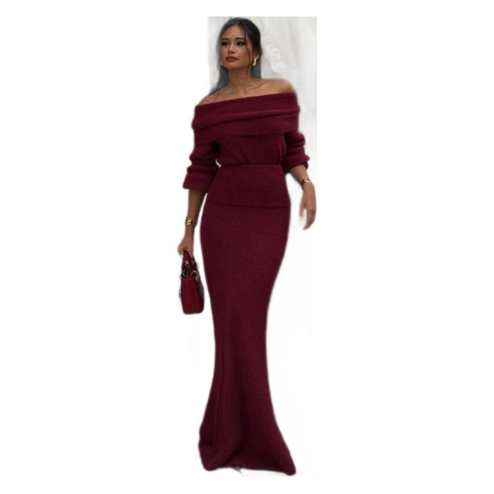 Damer Elegant Strikk Maxi Kjole med Off-Shoulder Design og Lange Ermer Skjora