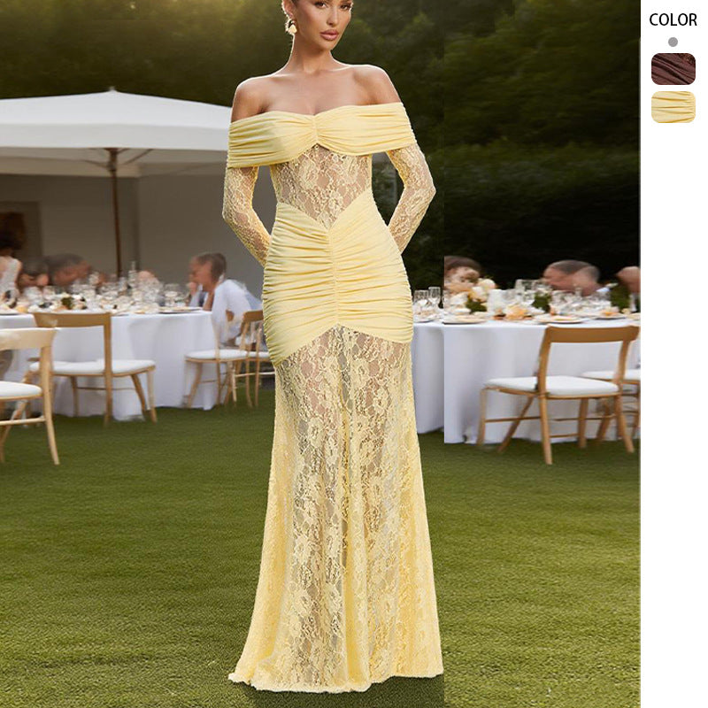 Kvinne Elegant Blonde Kvelds kjole med Off-the-Shoulder Silhuett og Raffinerte Volanger Detaljer