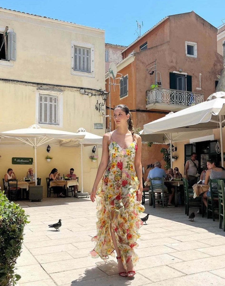 Dames Flytende Chiffon Maxi Kjole med Volangdetaljer og Blomsterakenter Skjora