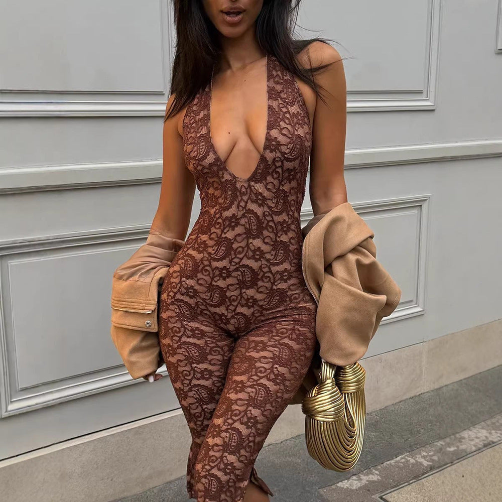 Damer Elegant spiss-jumpsuit med dyp V-hals og sideutsparinger Skjora