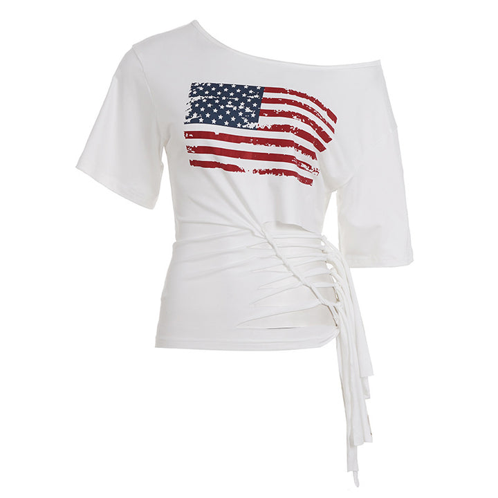 Dame casual crop-top med amerikansk flaggdesign og trendy frynse-design Skjora
