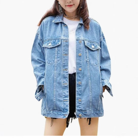 Damer Overdimensjonert Denimjakke med Dekorative Trykknapper Skjora