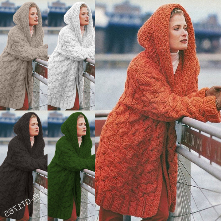 Dame chunky strikket cardigan med hette og teksturert mønster Skjora