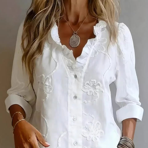Dame elegant bluse med blomsterbroderier og voluminøse ermer Skjora