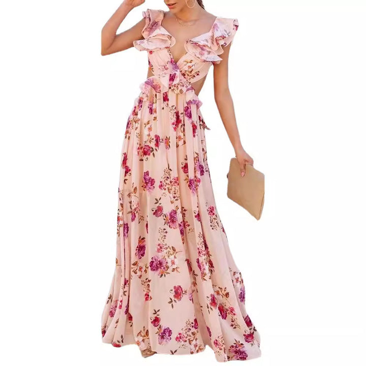 Kvinnelig Elegant Maxi Kjole med Volangdetaljer og Blomsterdesign