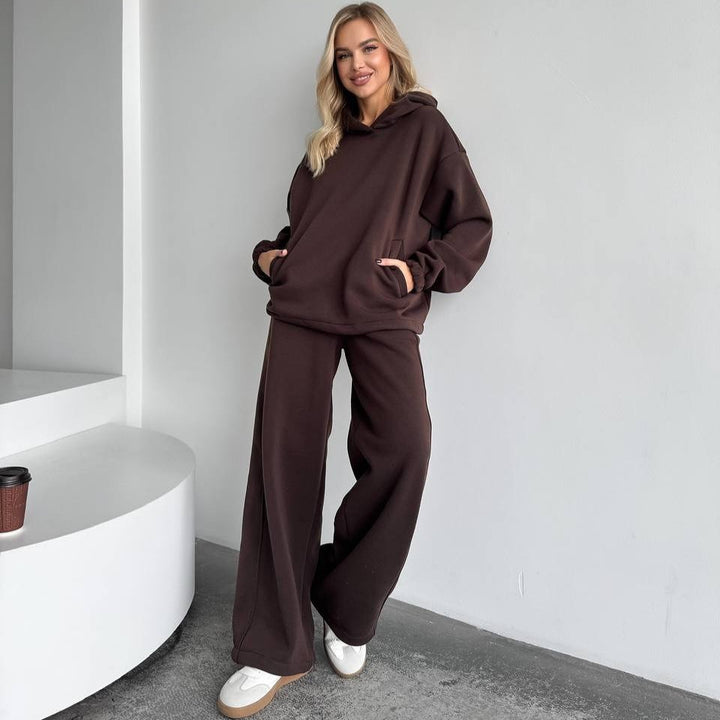 Kvinne myk fleece hettegensere og løse joggebukse sett Skjora