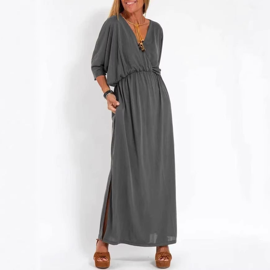 Kvinne elegant maxi kjole med sidesplit og fleksibel midje Skjora