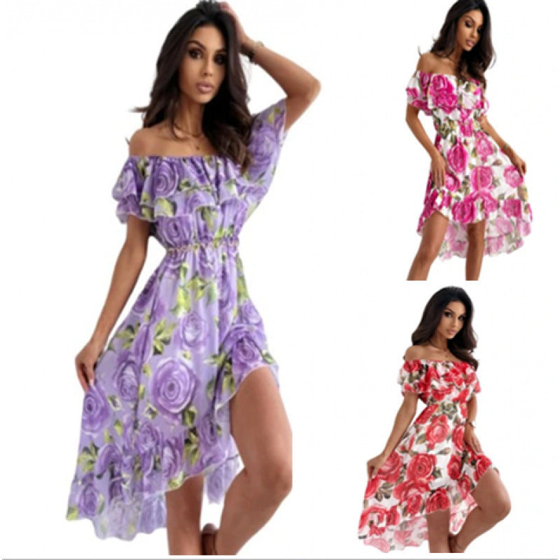 Dame Off-Shoulder Kjole med Ruffles-detaljer og blomstertrykk Skjora