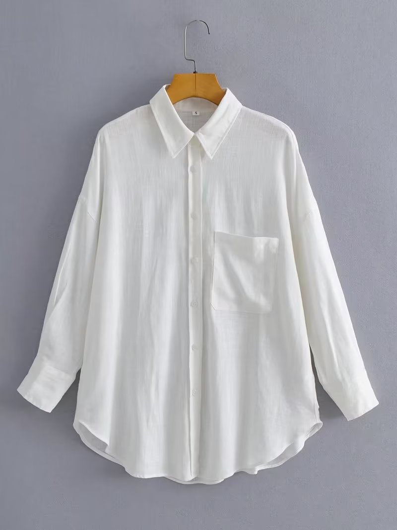 Kvinne Casual Oversized Skjorte Bluse med Brystlomme og Subtil Struktur Skjora