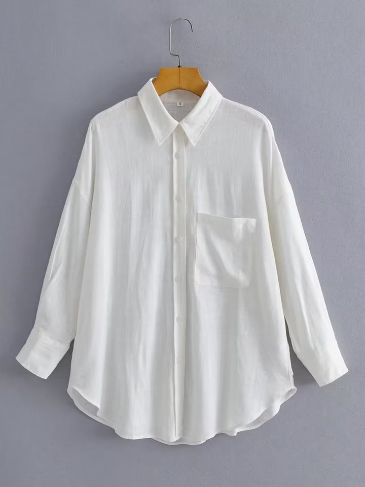 Kvinne Casual Oversized Skjorte Bluse med Brystlomme og Subtil Struktur Skjora