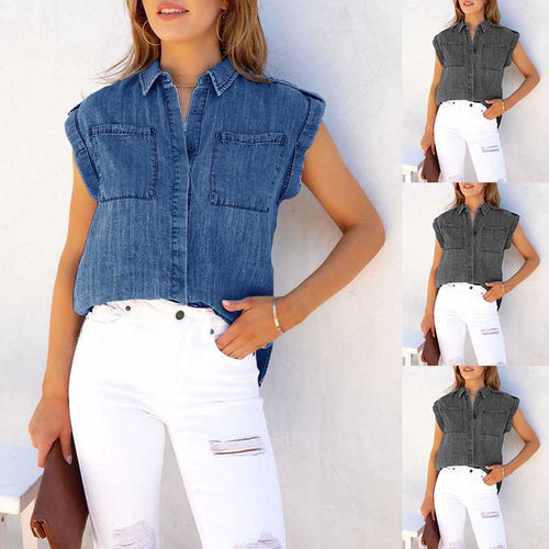 Kvinne kortermet skjorte bluse i denim-look med brystlommer Skjora